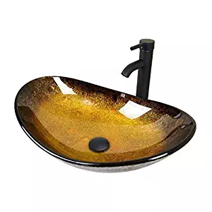 ELECWISH Oval Bathroom Sink Artistic Tempered Glass Vessel Sink Combo with Oil Rubbed Bronze Faucet & Pop-up Drain Combo