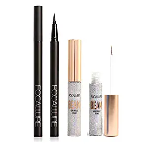 FOCALLURE 2PCS Sliver Glitter and Black Liquid Eye Liner, Waterproof Make Up Long Lasting Liquid Eye liner Pen Skinny Shimmer Liquid Eyeliner Ultra-Fine Felt Tip Quick Drying Formula