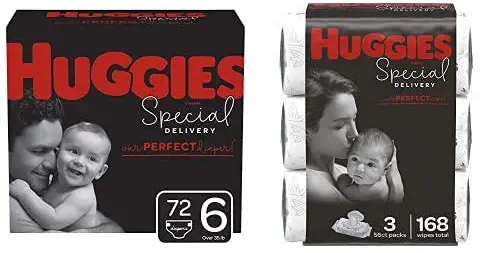 Huggies Bundle- Special Delivery Hypoallergenic Baby Diapers, Size 6, 72 Ct, One Month Supply & Special Delivery Hypoallergenic Baby Wipes, Unscented, 3 Flip-Top Packs of 56 Wipes (168 Wipes Total)