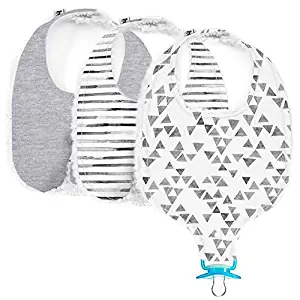 Henry Hunter Baby Drool Bibs with Teething Toy & Pacifier Clip | The BinkyBib | Ultra Absorbent Chenille & Jersey Cotton (Triangle | Stripe | Heather Gray)