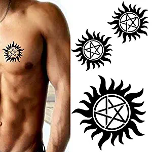 Yeeech Supernatural Merchandise Anti Possession Pentagram Sun Circle Star Designs Dark Mark Temporary Tattoos Sticker Black for Men Women Adults Large (2 Sheets)