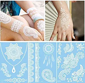 Tattoos Temporary Henna - 8 PCS | White Women Metallic, Glitter Stickers for Body, Face, Flash Festivals Fake Tattoo