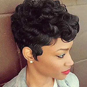 Women's Human Hair Capless Wigs Dark Black Short Natural Wave Layered Haircut Pixie Cut With Bangs African American Wig, dark black