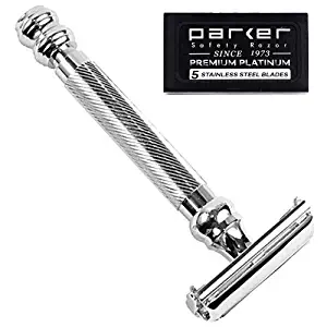 Parker 99R - Long Handle Heavyweight Butterfly Open Safety Razor & 5 Premium Platinum Double Edge Razor Blades