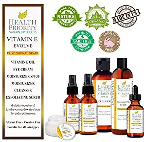 Natural & Organic Vitamin E Skincare System. Vitamin E Oil, Vitamin E Eye Cream, Vitamin E Daytime Moisturizer with SPF 30, Vitamin E Moisturizer, Vitamin E Exfoliating Scrub & Vitamin E Cleanser