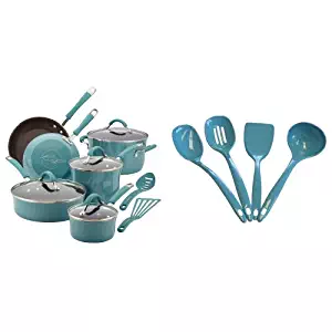 Rachael Ray Cucina Hard Porcelain Enamel Nonstick Cookware Set, 12-Piece, Agave Blue and Calypso Basics Utensil Set of 4, Turquoise Bundle
