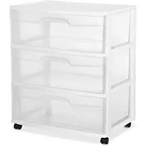 Sterilite 29308001 Wide 3 Drawer Cart, White Frame with Clear Drawers and Black Casters, 3-Pack