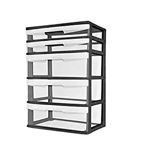 Sterilite 5-Drawer Wide Tower with See-Through Drawers. Keep Your Rooms Neat And Tidy With This 5 Drawer Tower. Suitable For Office, Kids Rooms,Garage, anywhere. Plastic Storage Tower Is Sturdy And Keeps Your Items Safe. (Black)