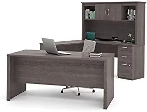 Modern U-Shaped Office Desk with Hutch in Bark Grey