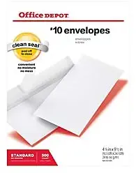 Office Depot Clean Seal(TM) Envelopes, 10 (4 1/8in. x 9 1/2in.), White, Box of 500, 12014