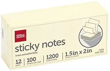 Office Depot(R) Self-Stick Notes, 1 1/2in. x 2in., 100 Sheets Per Pad, Yellow, Pack of 12