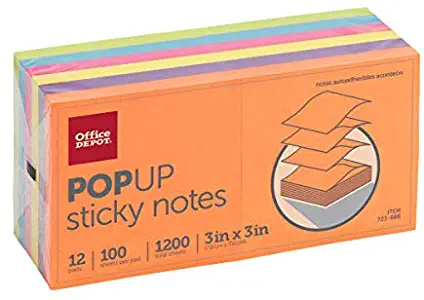 Office Depot Brand Pop-Up Notes, 3" x 3", Assorted Deep Colors, 100 Sheets Per Pad, Pack of 12