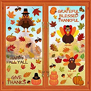 Cokoka Thanksgiving Decorations Window Clings Decor, Extra Large Autumn Fall Leaves Turkey Pumpkin Decal Stickers, School Home Office Decorations Kids Party Supplies Gifts, 6 Sheet 93 pcs