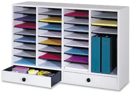 Safco Products Wood Adjustable Literature Organizer, 32 Compartment with Drawers, 9494GR, Grey, Durable Construction, Removable Shelves, Stackable