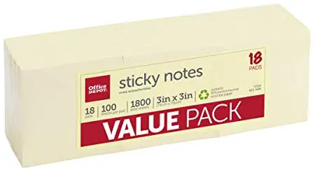 Office Depot 30% Recycled Self-Stick Notes, 3in. x 3in, Yellow, 100 Sheets Per Pad, Pack of 18 Pads, OD-3318YR