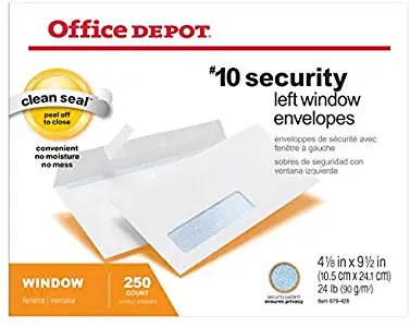 Office Depot Clean Seal(TM) Security Window Envelopes, 10 (4 1/8in. x 9 1/2in.), White, Pack of 250, 77292