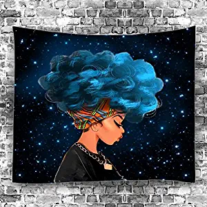KINBEDY African American Black Girl Colourful Print Wall Hanging Tapestries Indian Polyester Picnic Bedsheet Afro Wall Art Decor Hippie Tapestry, 80''X 60'' Blue Hair Girl.