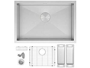 ZUHNE 30x18 Inch Modern Zero Radius Single Bowl Under Mount Stainless Steel Kitchen Sink W. Grate Protector, Caddy, Colander Set, Drain Strainer and Mounting Clips, Fits 33" Cabinet